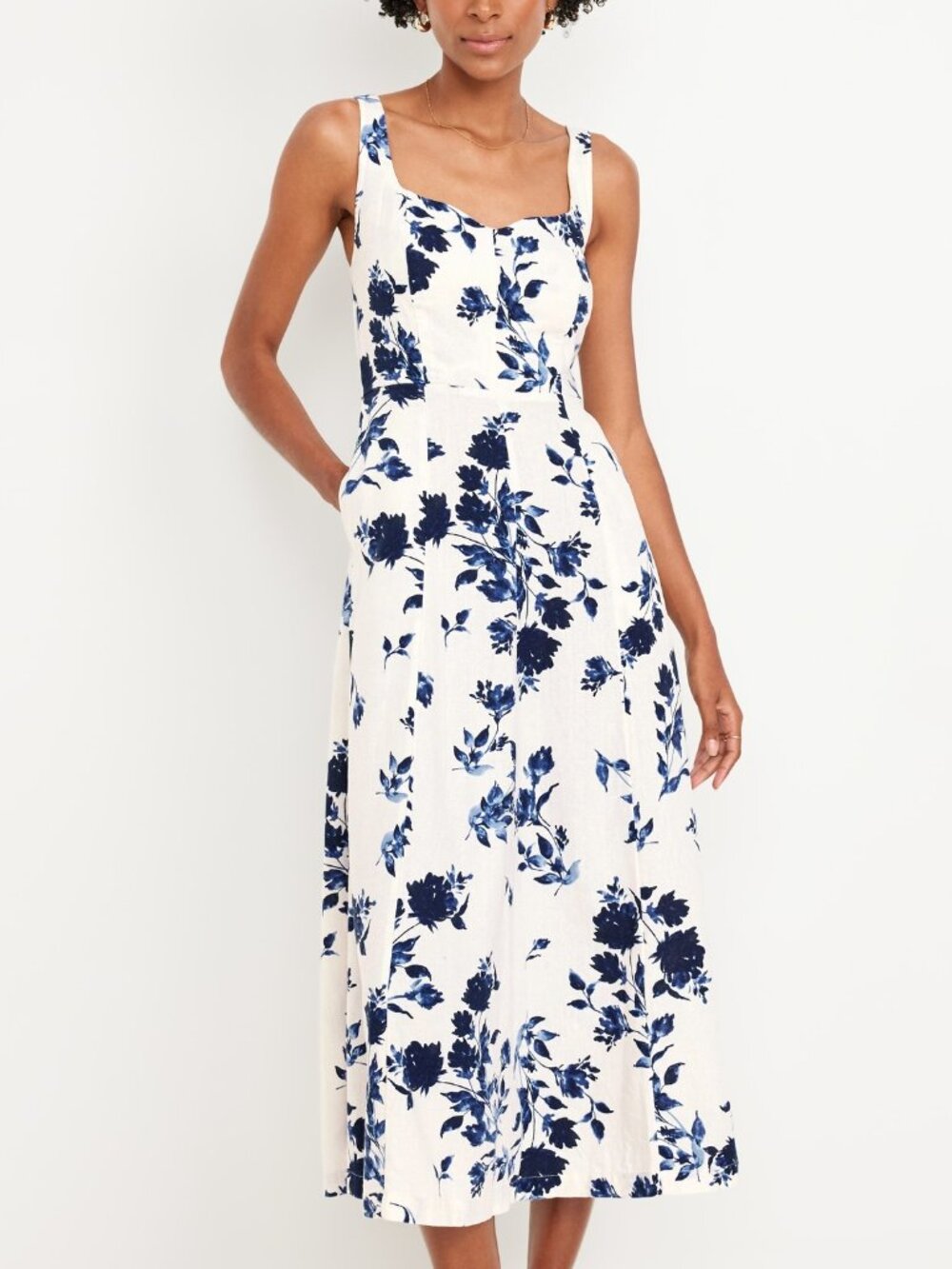 (NWT) Old Navy - blue floral linen blend fit & flare midi dress (large)